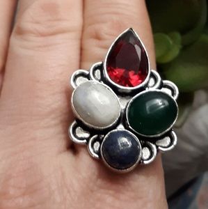 New Garnet, Moonstone, Green Onyx & Lapis Lazuli 925 Silver Ring.